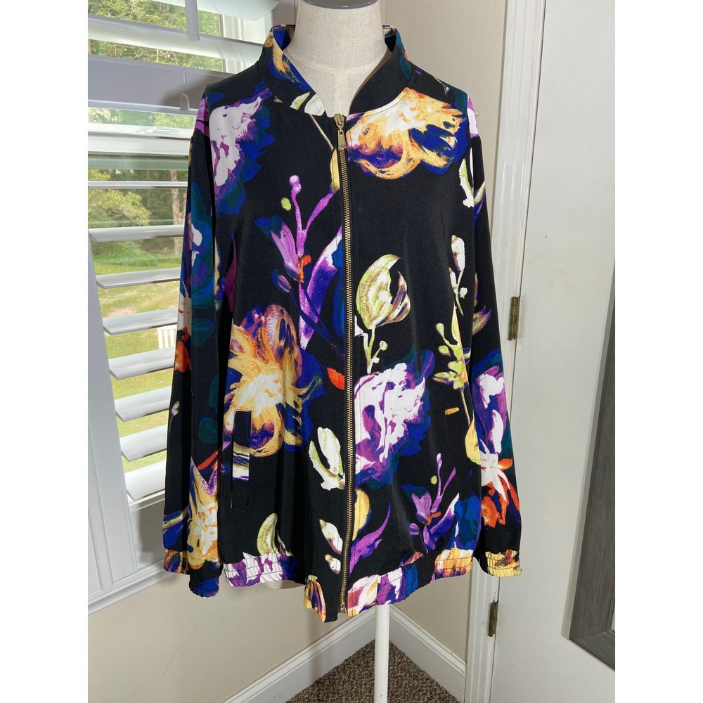 Susan Graver Floral Bomber Jacket Womens 2X Black Floral Watercolor Gold Zip